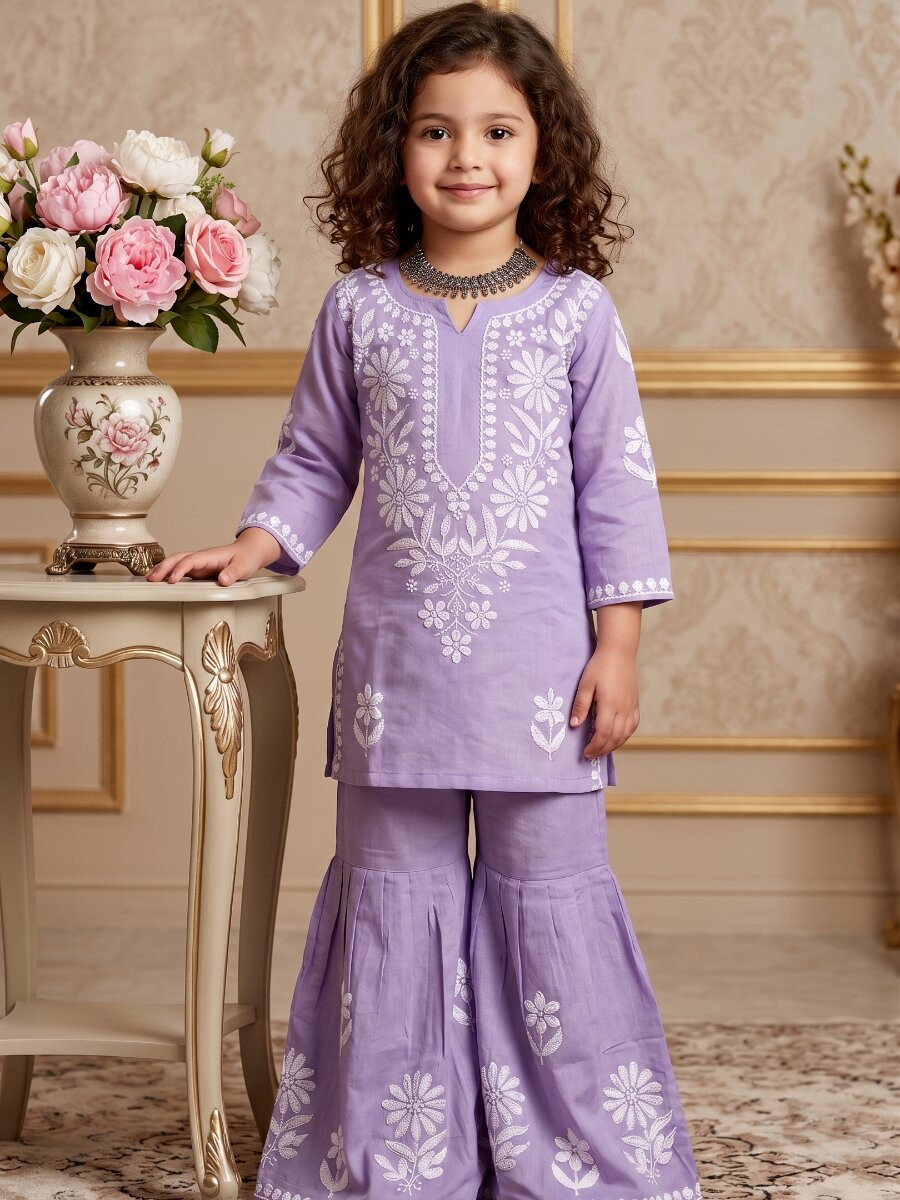 Lavender Heavy rayon cotton Embroidered Ethnic Casual Festival Party Wedding Kurta Sharara Girls Wear