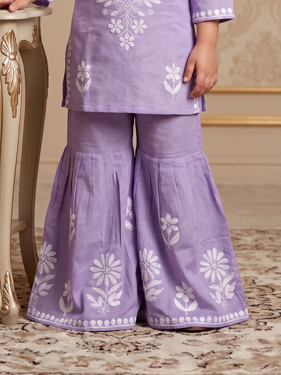 Lavender Heavy rayon cotton Embroidered Ethnic Casual Festival Party Wedding Kurta Sharara Girls Wear