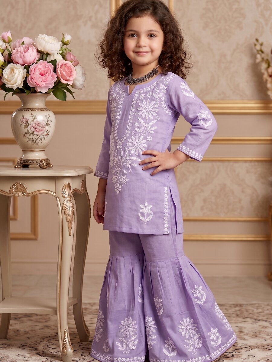 Lavender Heavy rayon cotton Embroidered Ethnic Casual Festival Party Wedding Kurta Sharara Girls Wear