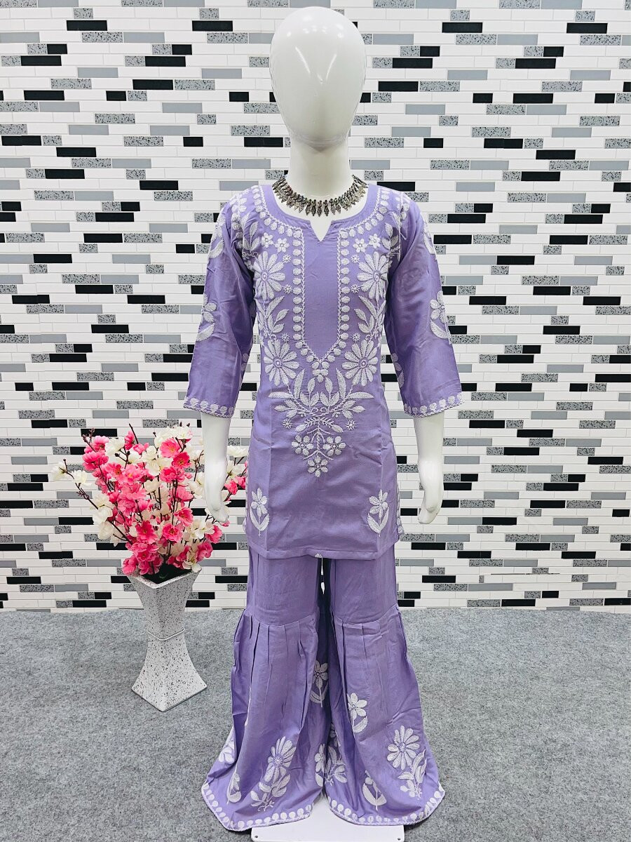 Lavender Heavy rayon cotton Embroidered Ethnic Casual Festival Party Wedding Kurta Sharara Girls Wear