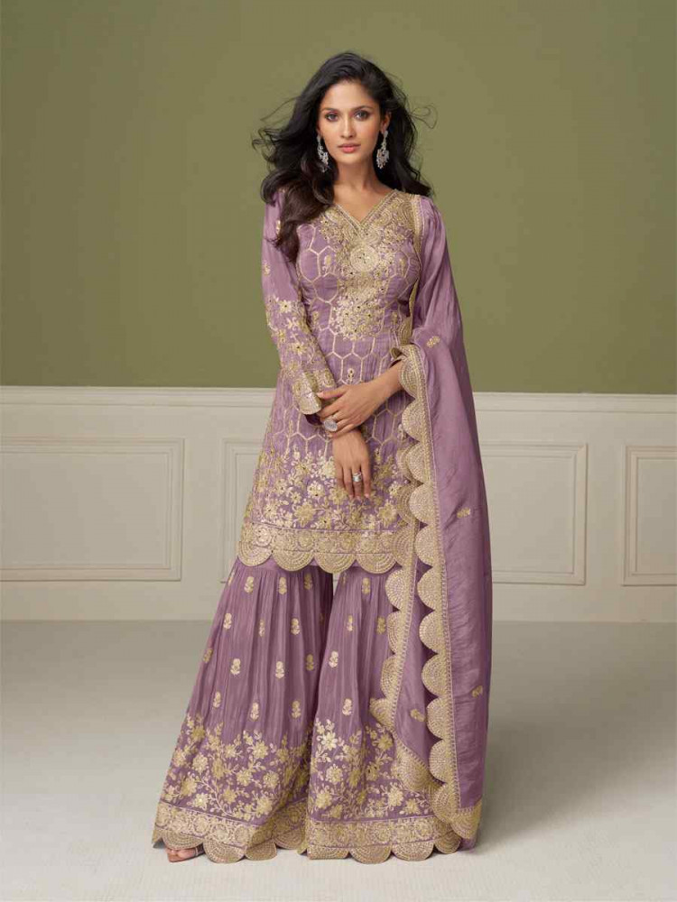 Image of Lavender Heavy Real Simar Silk Embroidery Party Wedding Festival Casual Ready Sharara Pant Salwar Kameez