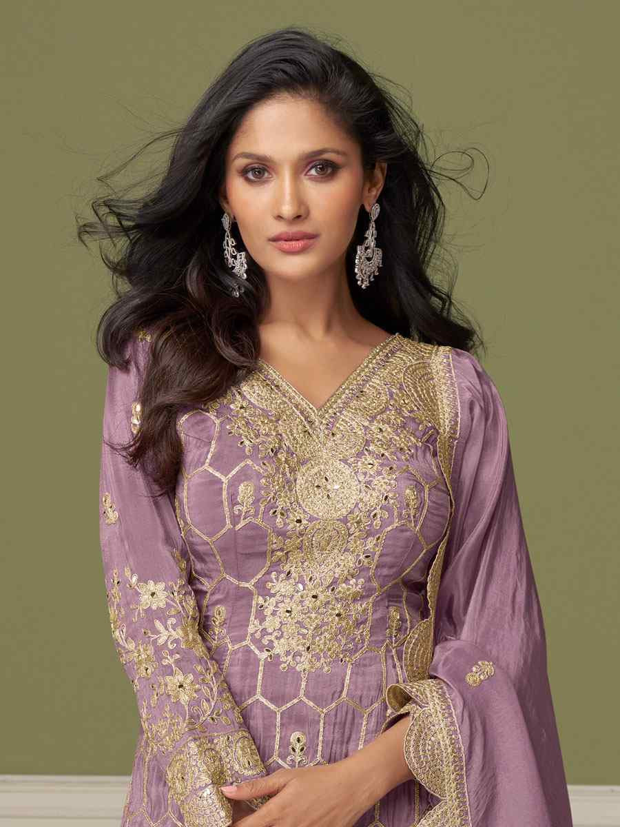 Lavender Heavy Real Simar Silk Embroidery Party Wedding Festival Casual Ready Sharara Pant Salwar Kameez