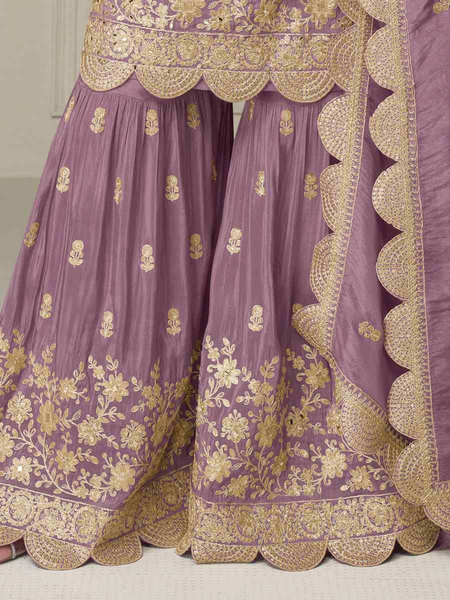 Lavender Heavy Real Simar Silk Embroidery Party Wedding Festival Casual Ready Sharara Pant Salwar Kameez
