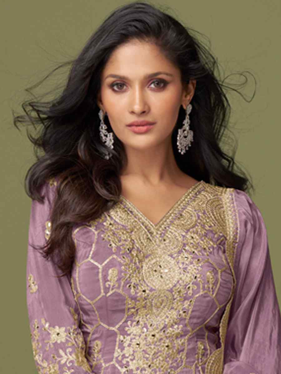 Lavender Heavy Real Simar Silk Embroidery Party Wedding Festival Casual Ready Sharara Pant Salwar Kameez