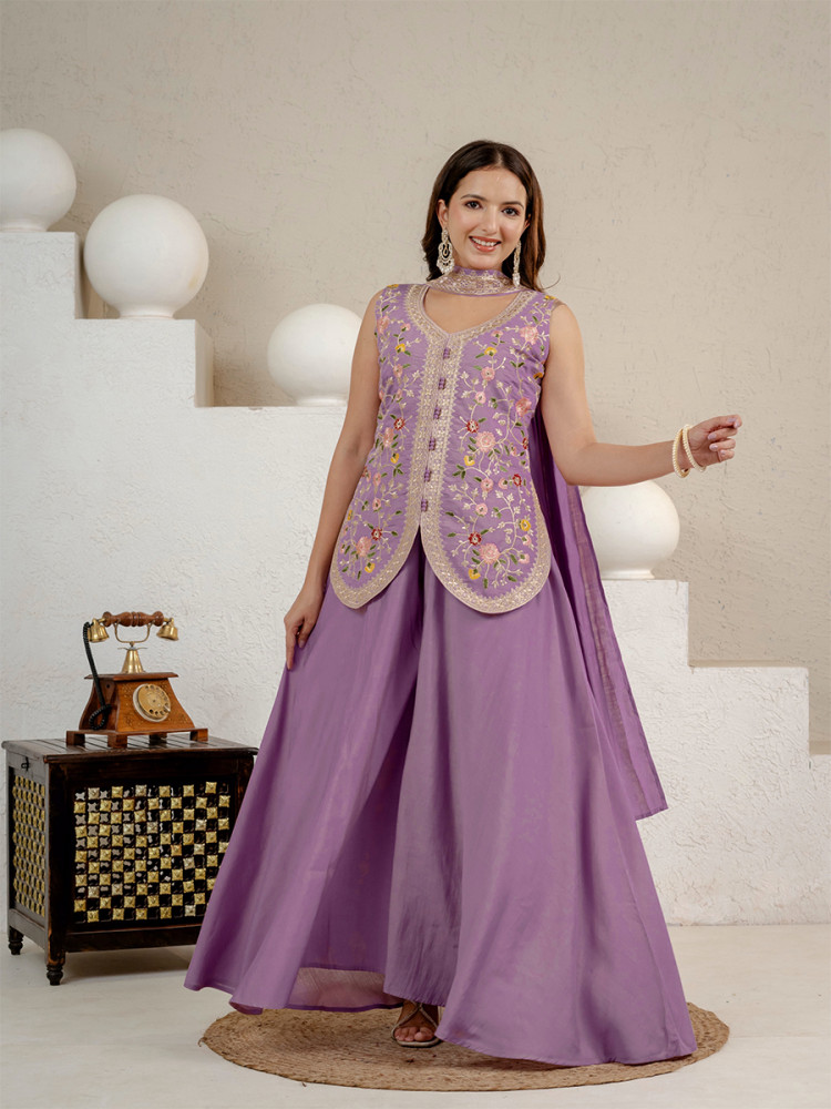 Image of Lavender Heavy Roman Silk Embroidery Sequins Wedding Party Festival Casual Ready Anarkali Pant Salwar Kameez