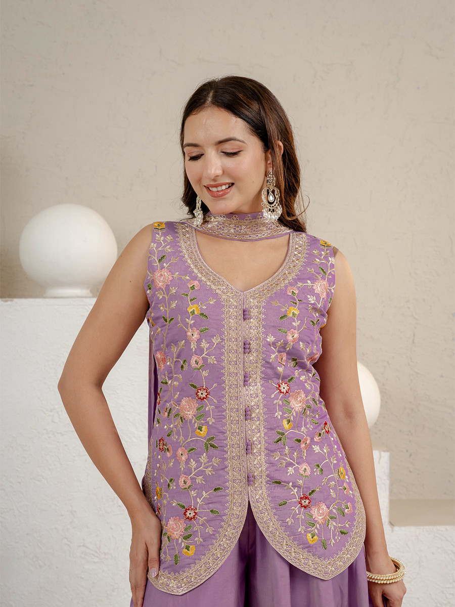 Lavender Heavy Roman Silk Embroidery Sequins Wedding Party Festival Casual Ready Anarkali Pant Salwar Kameez