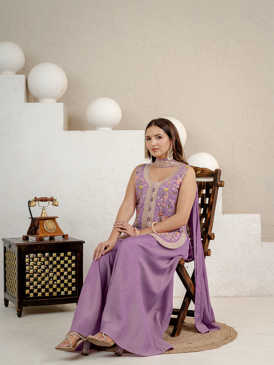 Lavender Heavy Roman Silk Embroidery Sequins Wedding Party Festival Casual Ready Anarkali Pant Salwar Kameez