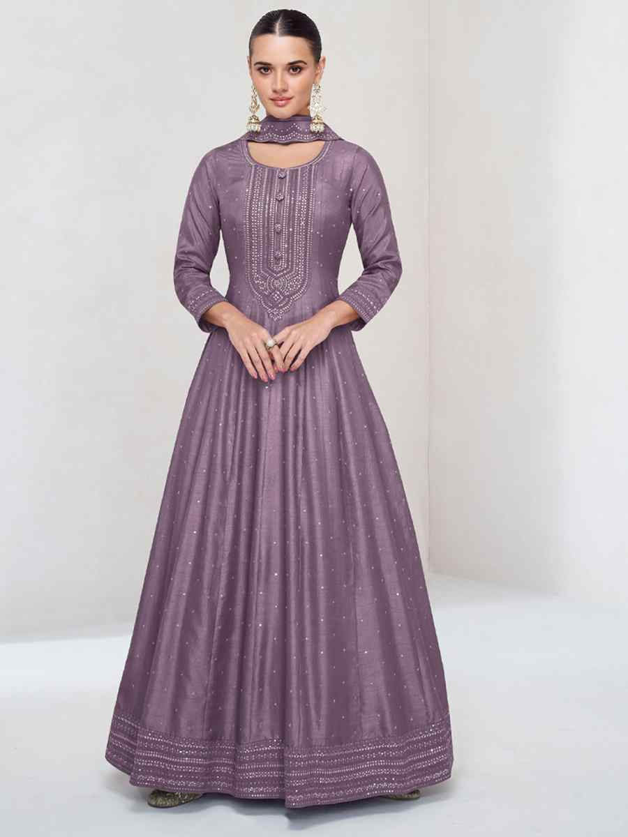 Lavender Heavy Vichitra Silk Embroidered Festival Casual Wedding Gown