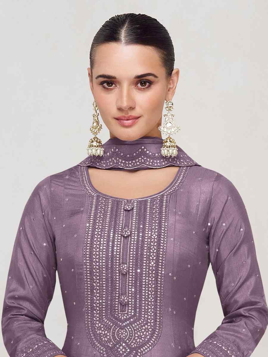 Lavender Heavy Vichitra Silk Embroidered Festival Casual Wedding Gown