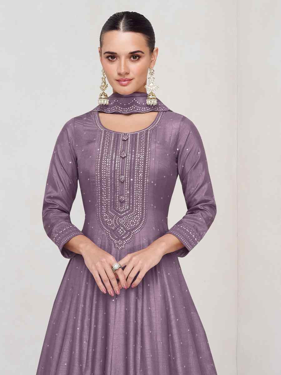 Lavender Heavy Vichitra Silk Embroidered Festival Casual Wedding Gown