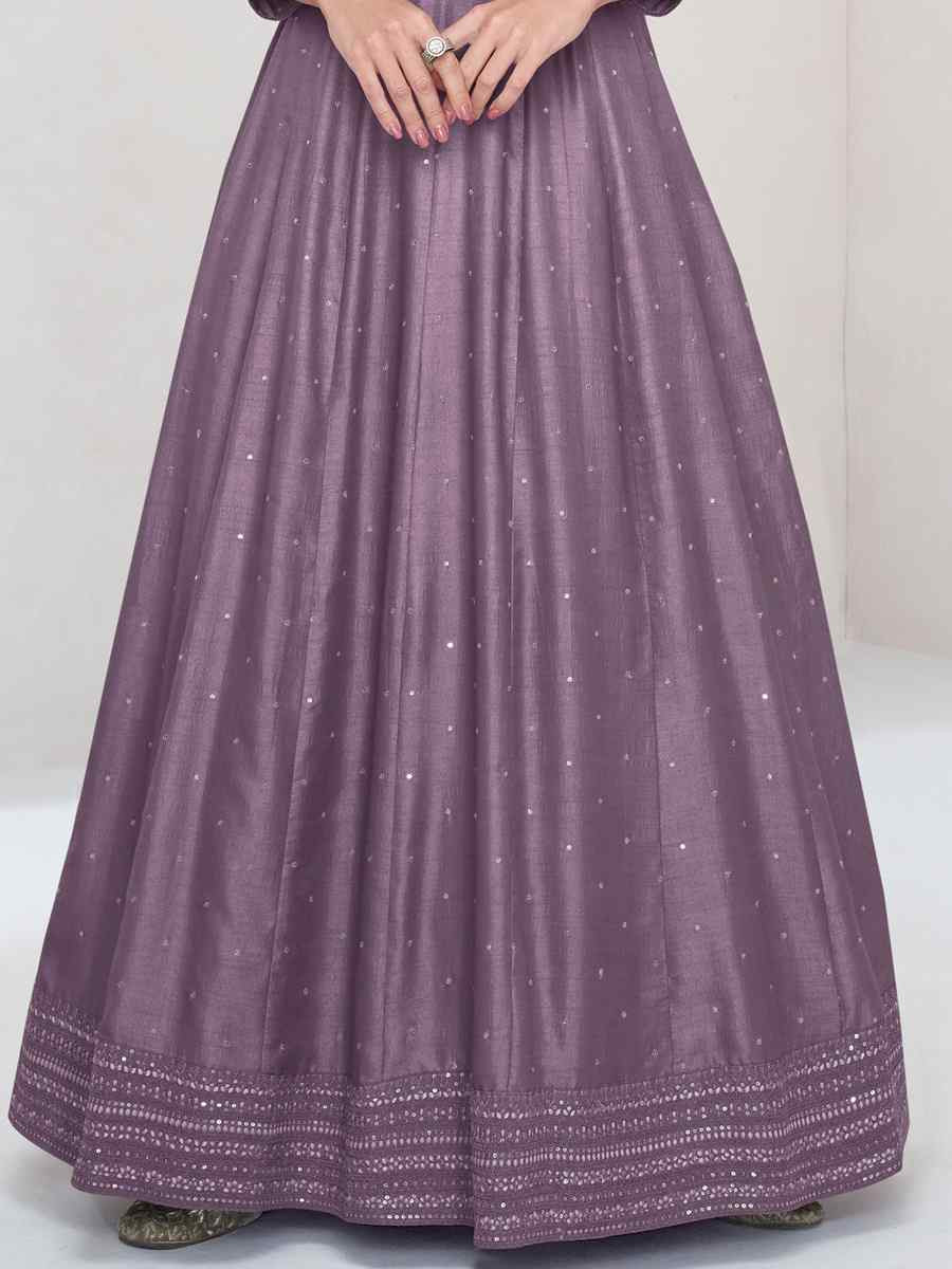 Lavender Heavy Vichitra Silk Embroidered Festival Casual Wedding Gown
