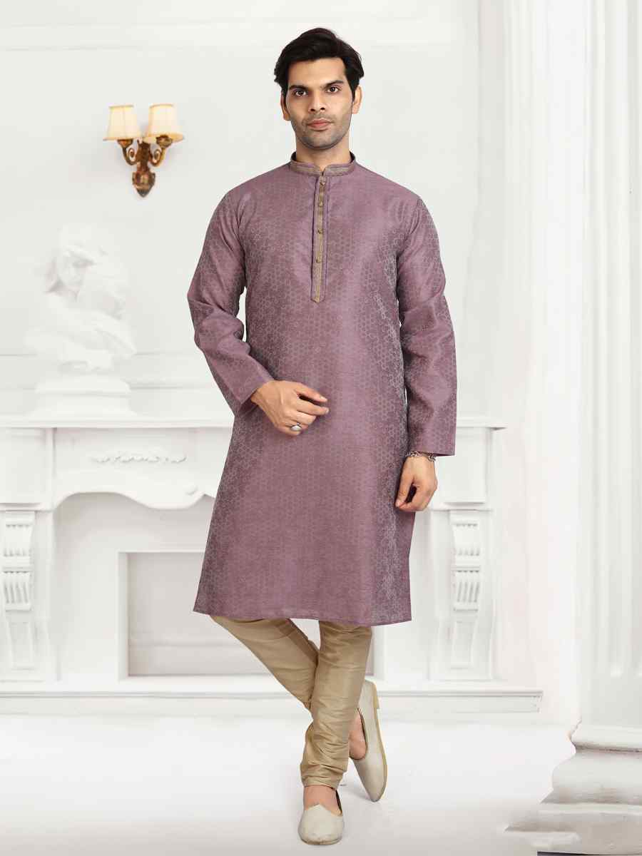 Lavender Jacquard Silk Brocade Woven Plain Wedding Party Kurta