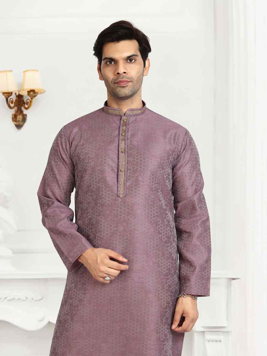 Lavender Jacquard Silk Brocade Woven Plain Wedding Party Kurta