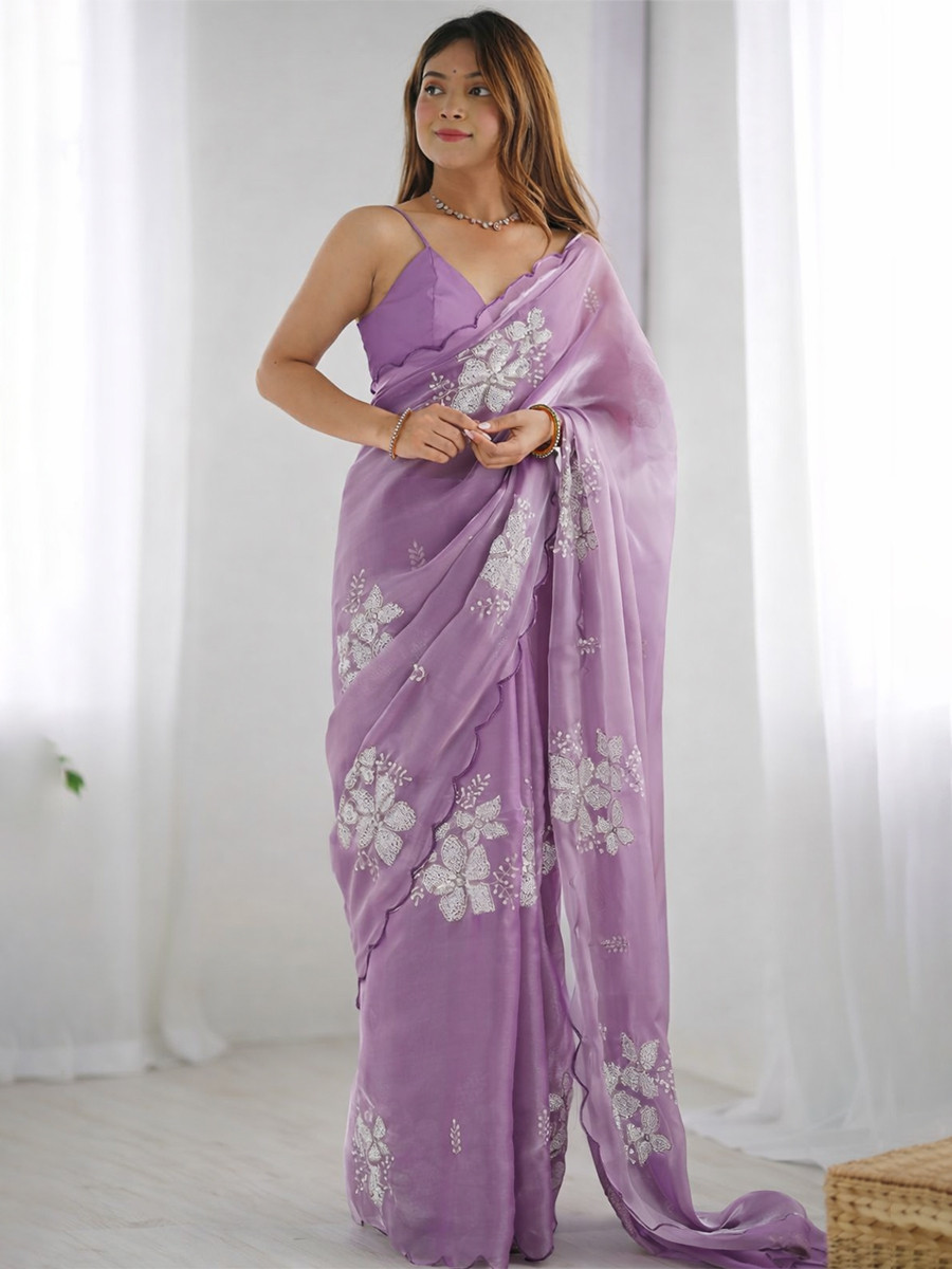 Lavender Jimmy Choo Organza Embroidery Sequins Wedding Reception Party Festival Casual Heavy Border Sarees