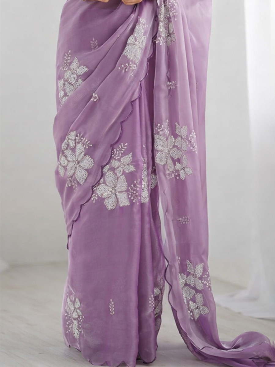 Lavender Jimmy Choo Organza Embroidery Sequins Wedding Reception Party Festival Casual Heavy Border Sarees