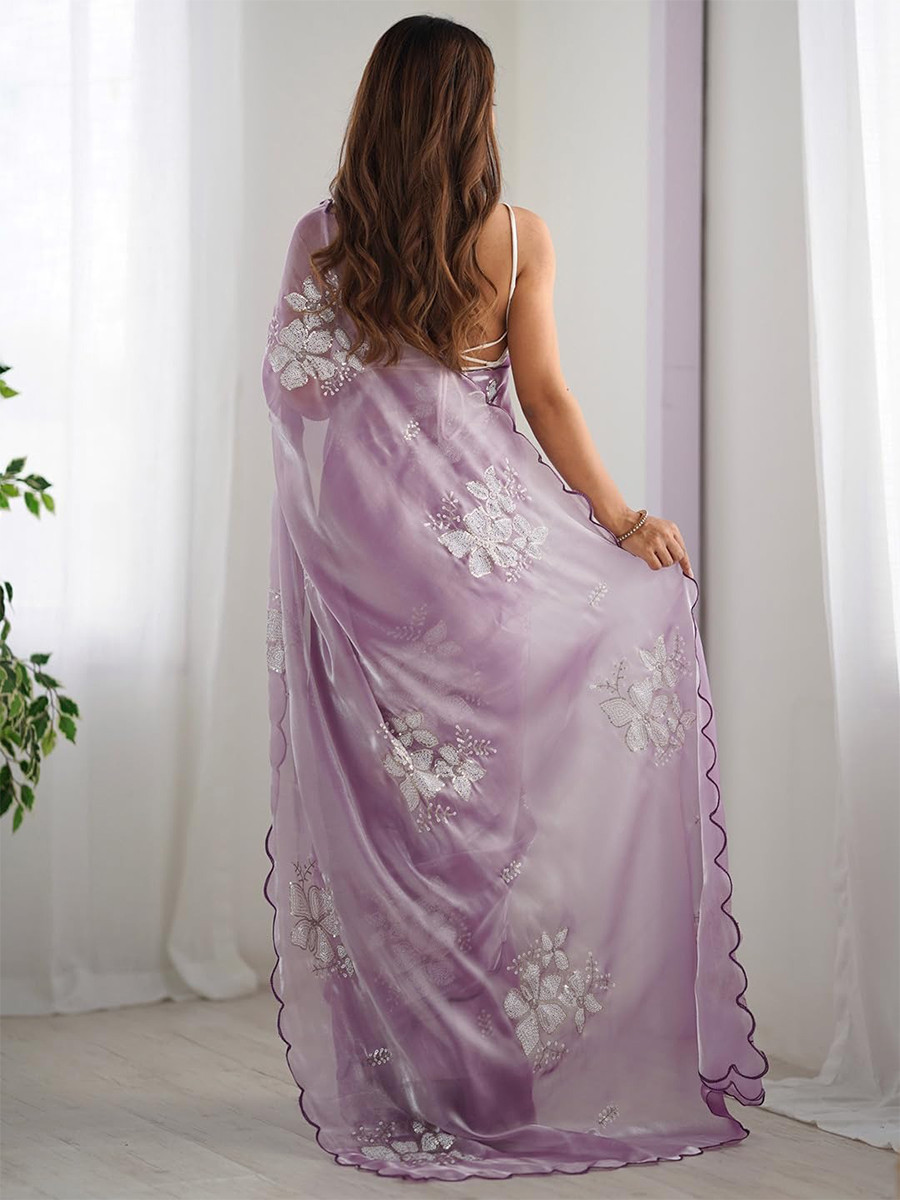 Lavender Jimmy Choo Organza Embroidery Sequins Wedding Reception Party Festival Casual Heavy Border Sarees