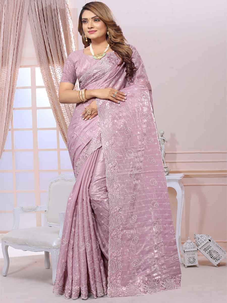 Lavender Jimmy Choo Silk Embroidery Party Reception Heavy Border Saree
