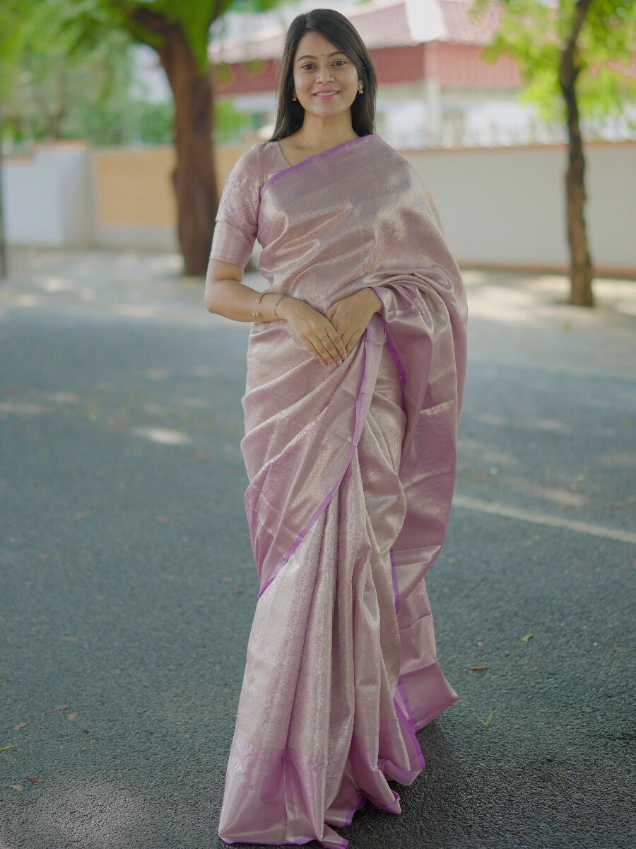 Lavender Kanchipuram Silk Zari Weaving Wedding Reception Party Festival Casual Heavy Border Sarees
