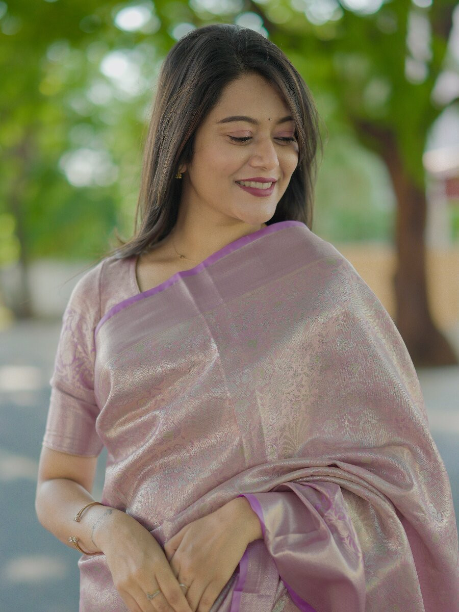 Lavender Kanchipuram Silk Zari Weaving Wedding Reception Party Festival Casual Heavy Border Sarees