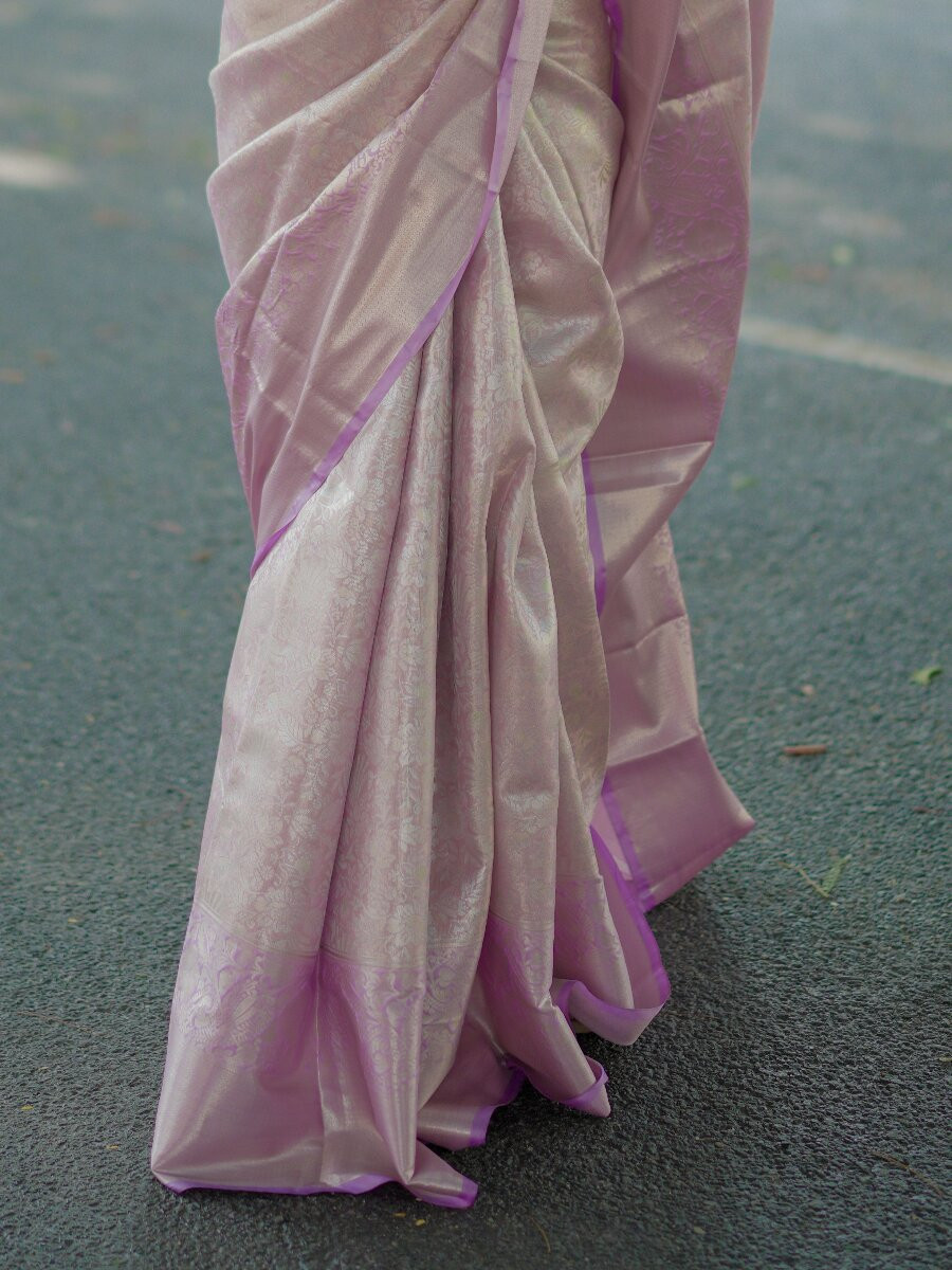 Lavender Kanchipuram Silk Zari Weaving Wedding Reception Party Festival Casual Heavy Border Sarees