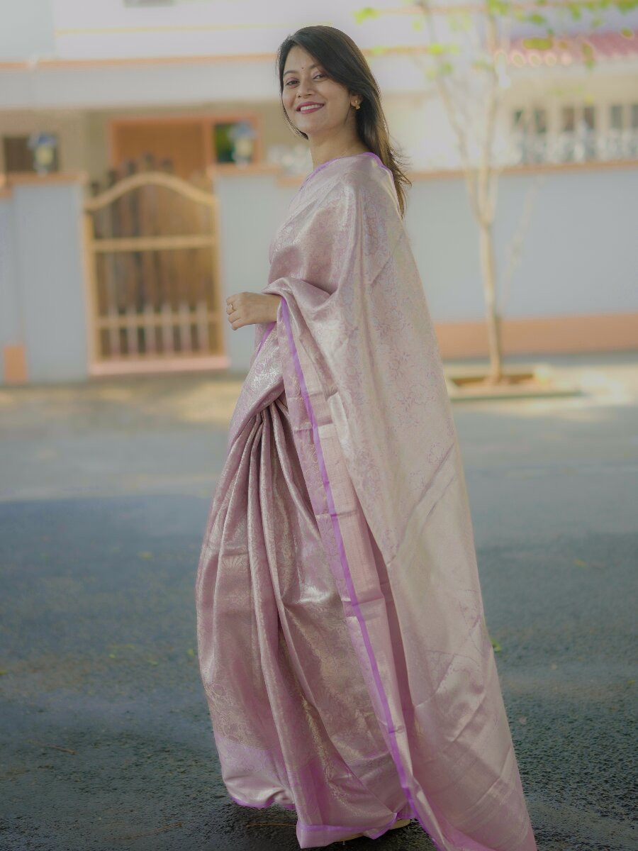 Lavender Kanchipuram Silk Zari Weaving Wedding Reception Party Festival Casual Heavy Border Sarees