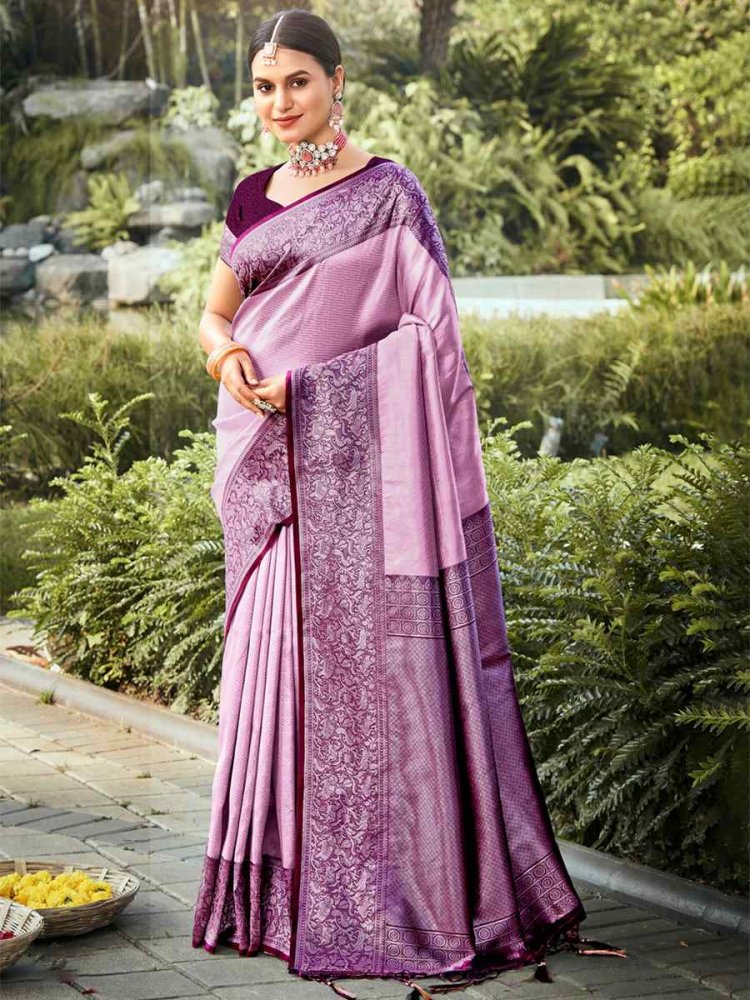 Lavender Kanjivaram Silk Handwoven Wedding Festival Heavy Border Saree
