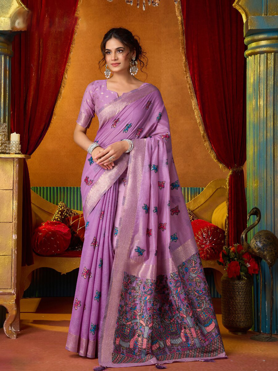 Lavender Khadi Cotton Katha Work Modal Wedding Reception Party Festival Casual Heavy Border Sarees