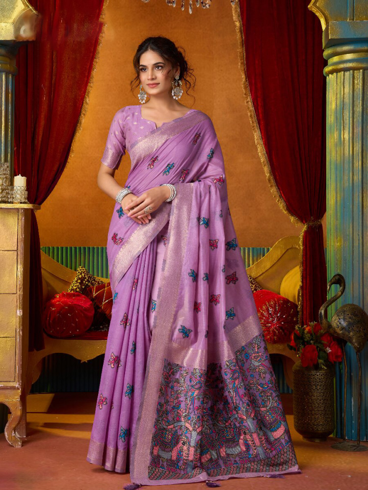 Image of Lavender Khadi Cotton Katha Work Modal Wedding Reception Party Festival Casual Heavy Border Sarees