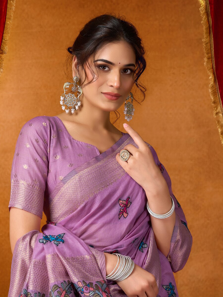 Lavender Khadi Cotton Katha Work Modal Wedding Reception Party Festival Casual Heavy Border Sarees