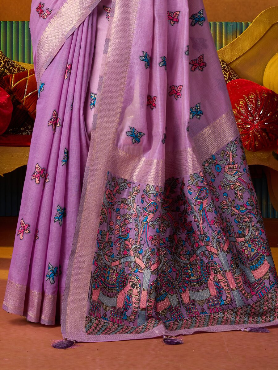 Lavender Khadi Cotton Katha Work Modal Wedding Reception Party Festival Casual Heavy Border Sarees