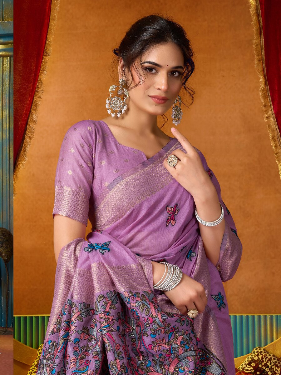 Lavender Khadi Cotton Katha Work Modal Wedding Reception Party Festival Casual Heavy Border Sarees