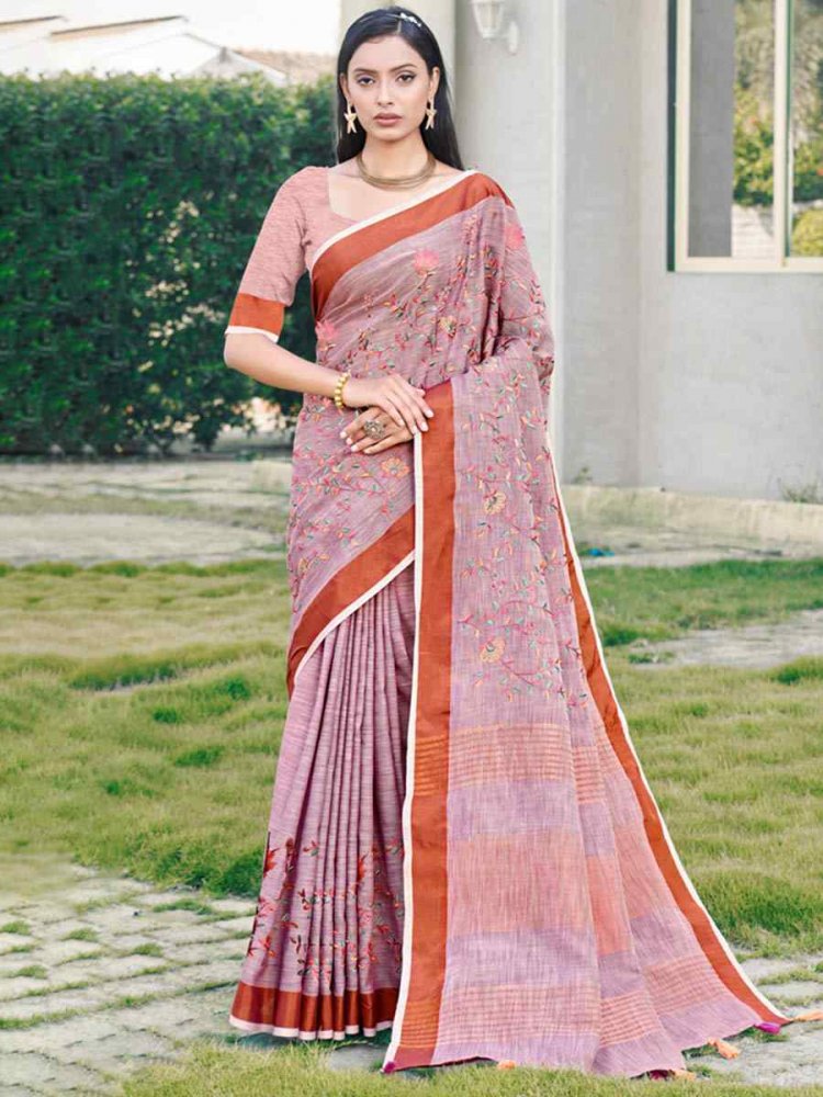 Lavender Linen Handwoven Casual Festival Heavy Border Saree