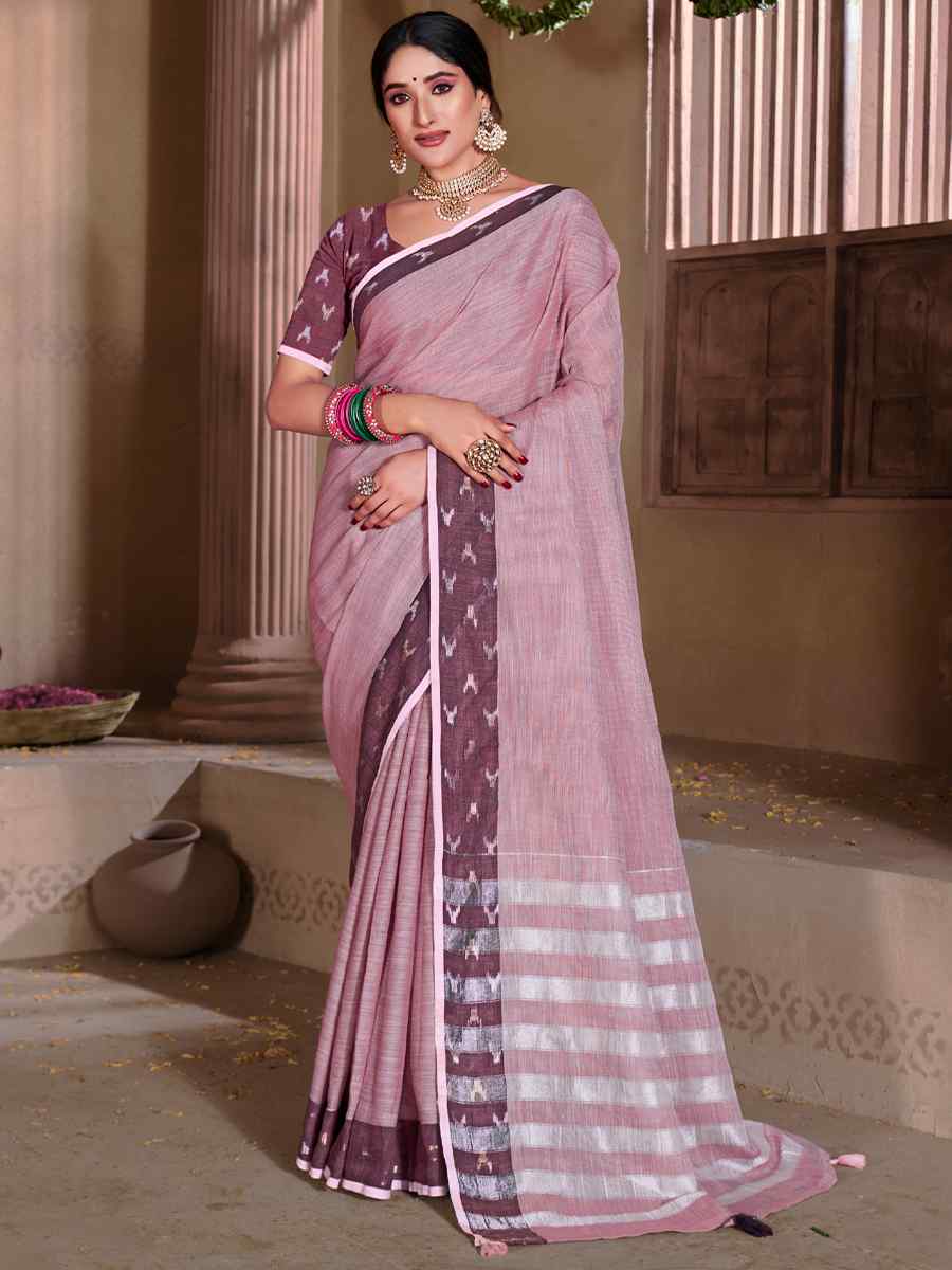 Lavender Linen Handwoven Casual Festival Heavy Border Saree