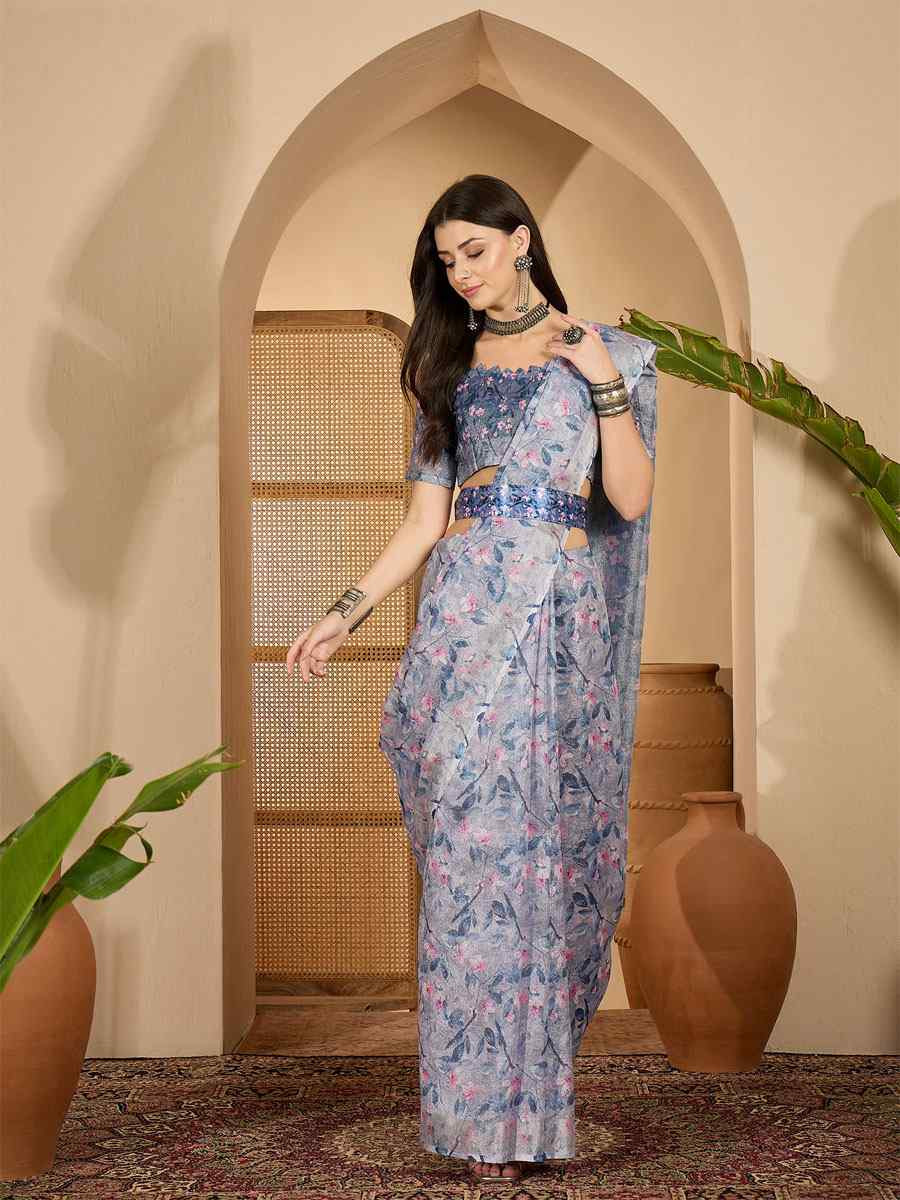 Lavender Linen Silver Zari Printed Casual Reception Festival Wedding Fancy Classic Style Sarees
