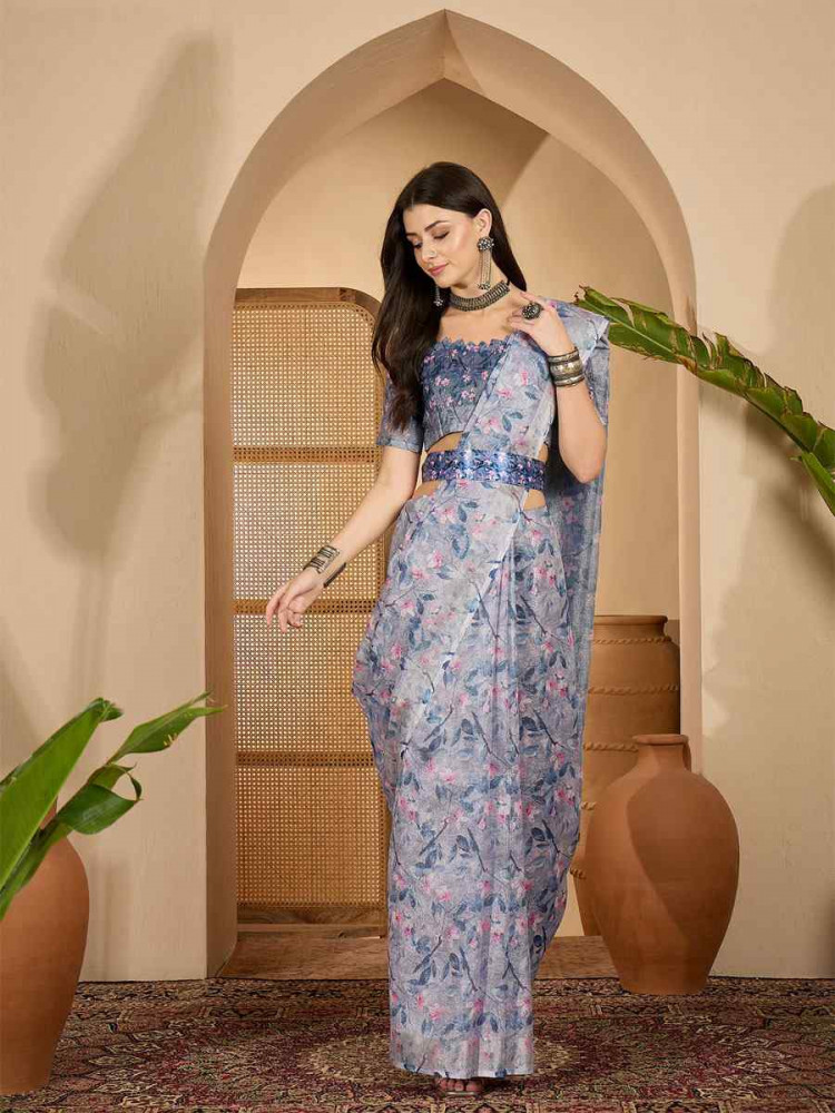 Image of Lavender Linen Silver Zari Printed Casual Reception Festival Wedding Fancy Classic Style Sarees