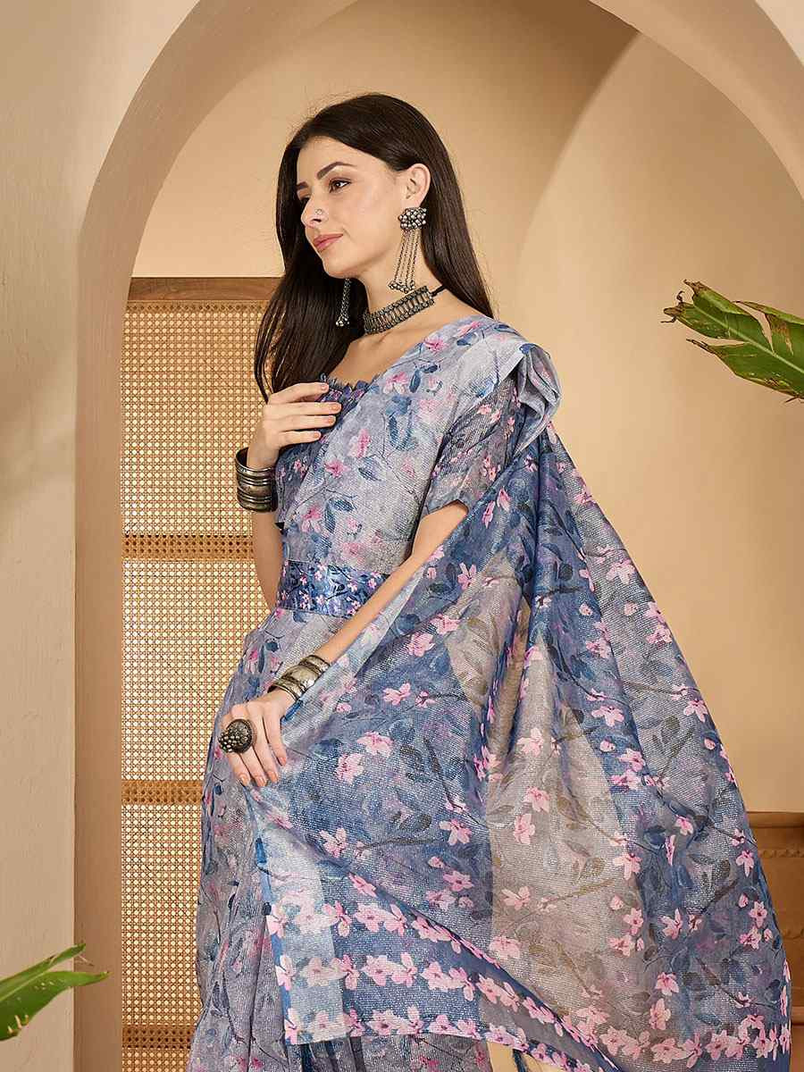 Lavender Linen Silver Zari Printed Casual Reception Festival Wedding Fancy Classic Style Sarees