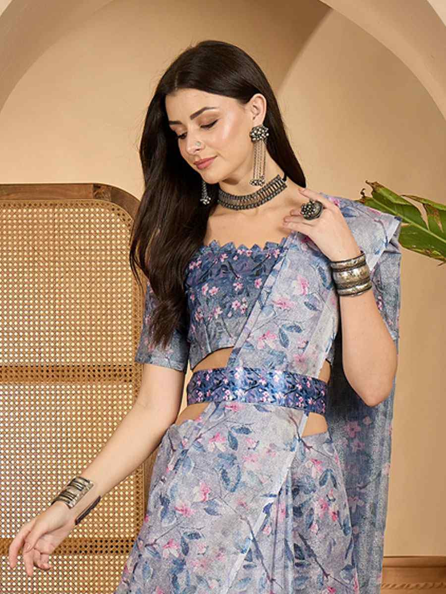 Lavender Linen Silver Zari Printed Casual Reception Festival Wedding Fancy Classic Style Sarees