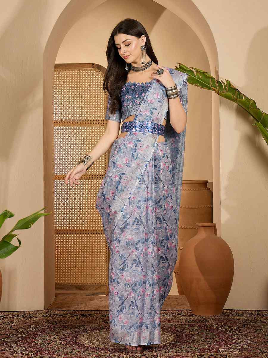 Lavender Linen Zari Silver Printed Casual Reception Festival Wedding Fancy Classic Style Sarees