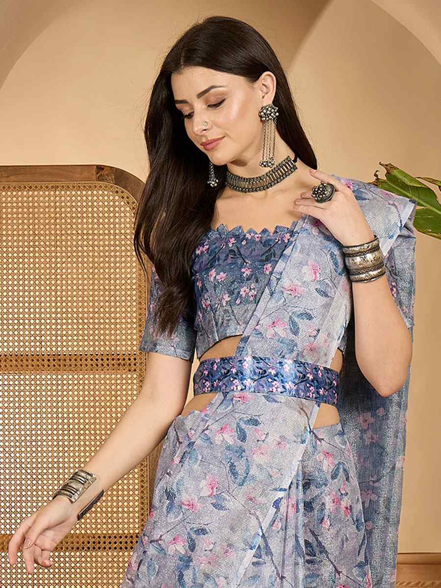 Lavender Linen Zari Silver Printed Casual Reception Festival Wedding Fancy Classic Style Sarees