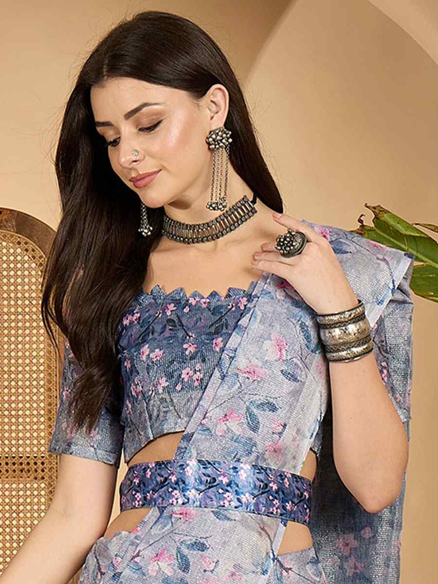 Lavender Linen Zari Silver Printed Casual Reception Festival Wedding Fancy Classic Style Sarees