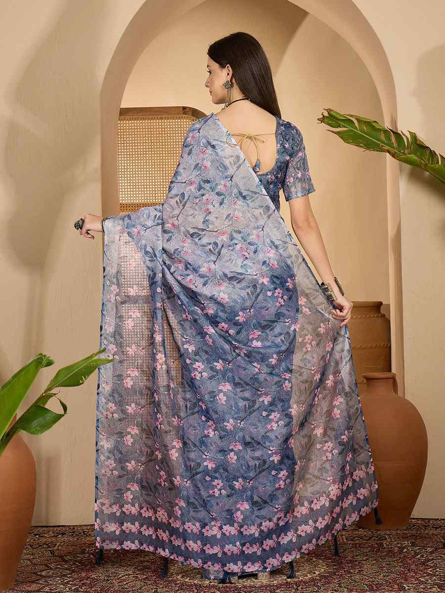 Lavender Linen Zari Silver Printed Casual Reception Festival Wedding Fancy Classic Style Sarees