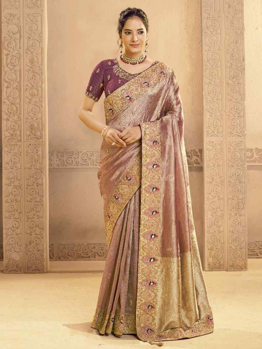 Lavender Metallic Zari Tissue Silk Embroidery Bridal Reception Party Festival Wedding Fancy Heavy Border Sarees