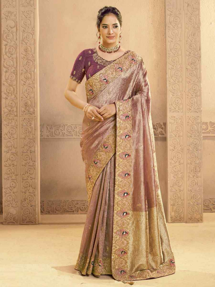 Image of Lavender Metallic Zari Tissue Silk Embroidery Bridal Reception Party Festival Wedding Fancy Heavy Border Sarees
