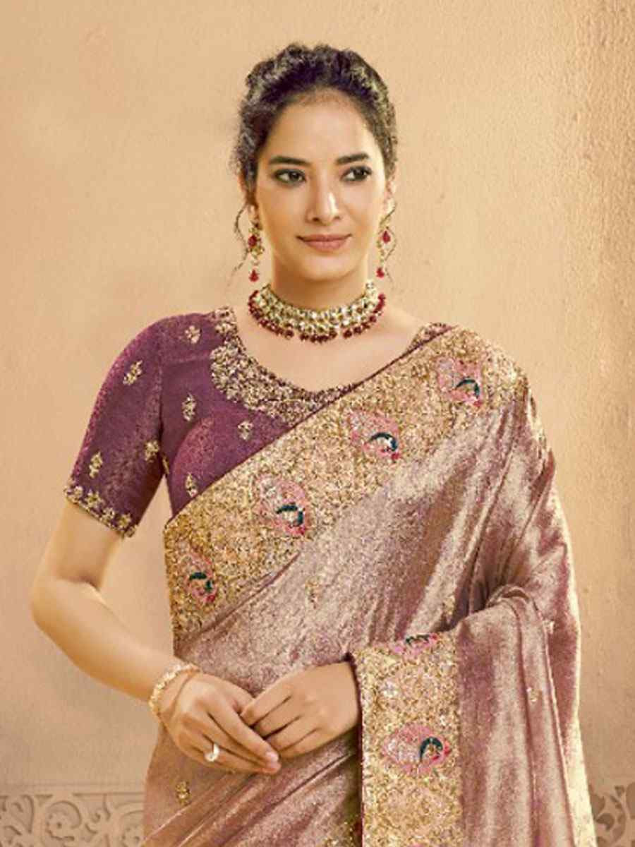 Lavender Metallic Zari Tissue Silk Embroidery Bridal Reception Party Festival Wedding Fancy Heavy Border Sarees