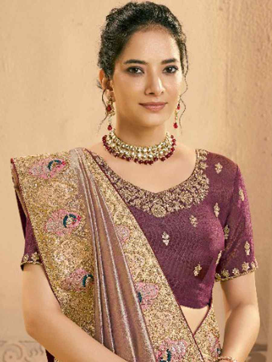 Lavender Metallic Zari Tissue Silk Embroidery Bridal Reception Party Festival Wedding Fancy Heavy Border Sarees