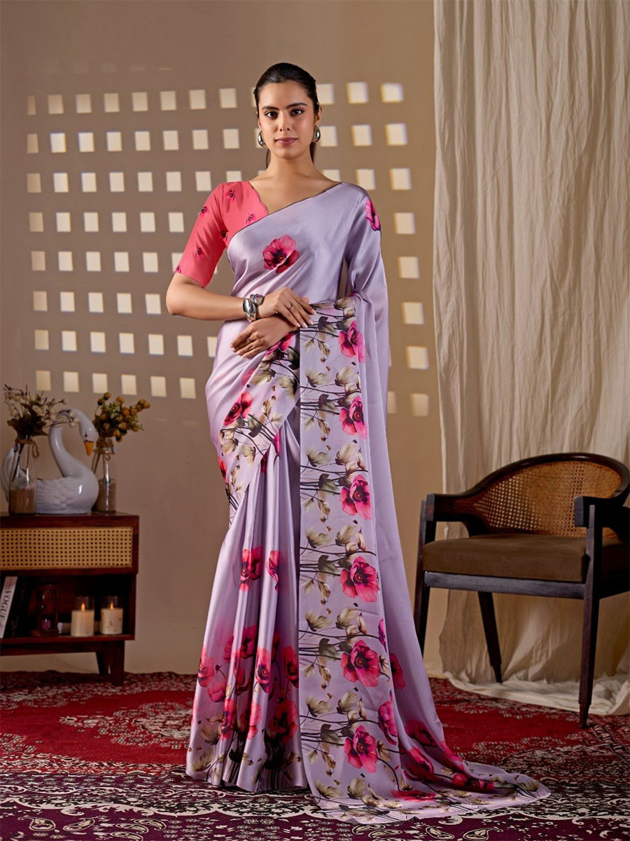 Lavender Monsoon Georgette Silk Printed Wedding Reception Party Festival Casual Heavy Border Sarees