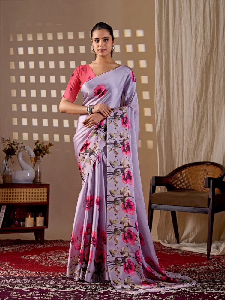 Image of Lavender Monsoon Georgette Silk Printed Wedding Reception Party Festival Casual Heavy Border Sarees