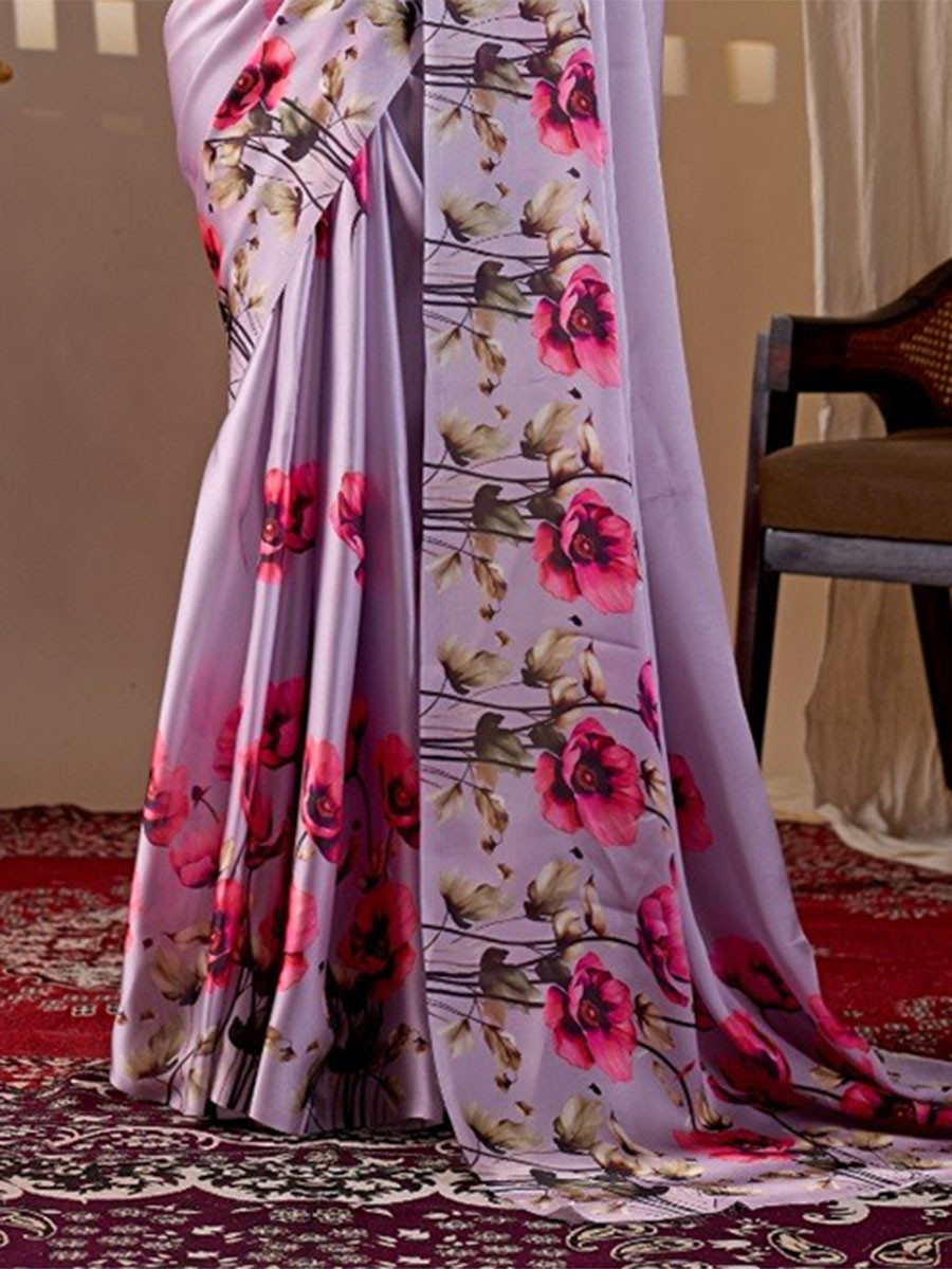 Lavender Monsoon Georgette Silk Printed Wedding Reception Party Festival Casual Heavy Border Sarees
