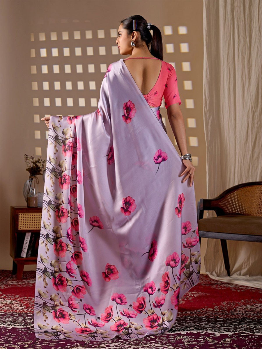 Lavender Monsoon Georgette Silk Printed Wedding Reception Party Festival Casual Heavy Border Sarees