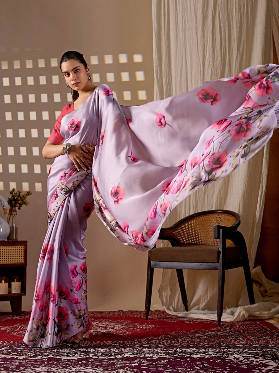 Lavender Monsoon Georgette Silk Printed Wedding Reception Party Festival Casual Heavy Border Sarees